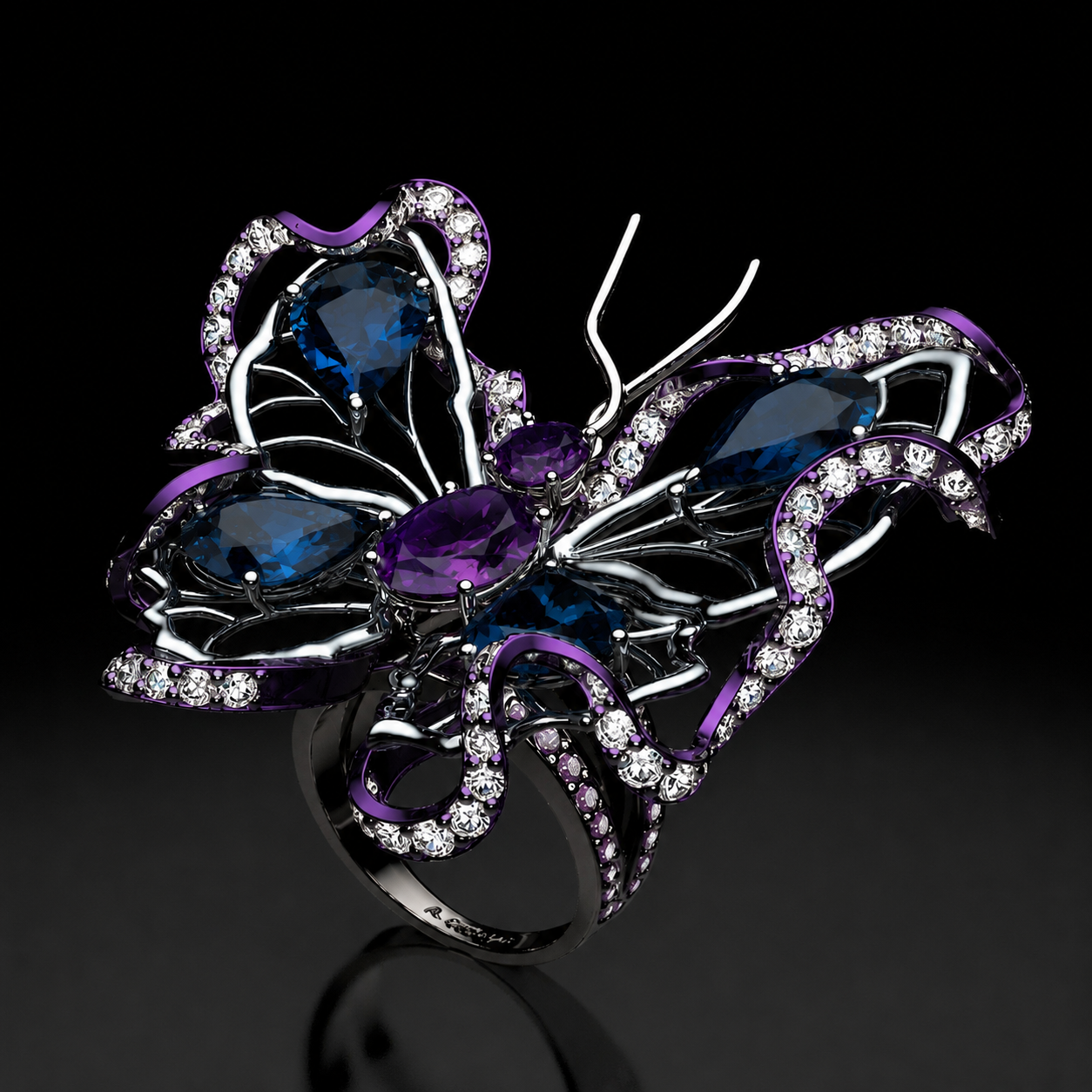Bague Papillon Améthyste · Titane coloré, création haute joaillerie Genève